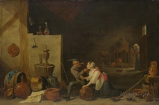 londongallery/david teniers the younger - an old peasant caresses a kitchen maid in a stable